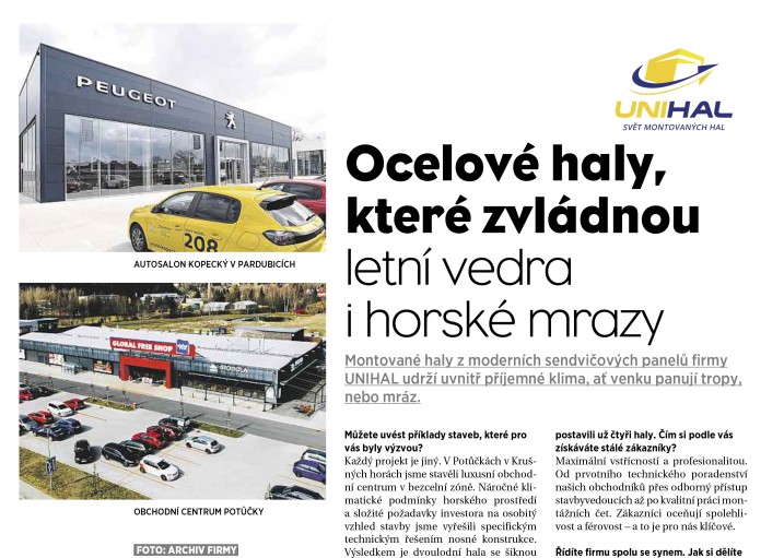 Montované oceľové haly Unihal v celoštátnom denníku MF Dnes
