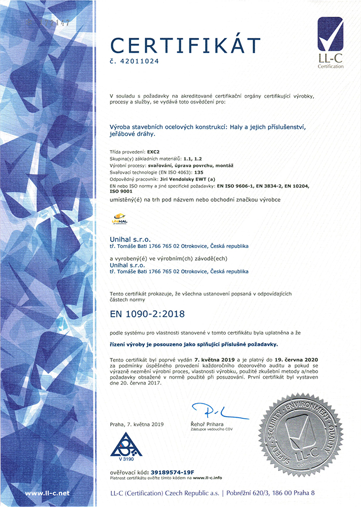 Certifikát EN 1090-2:2018